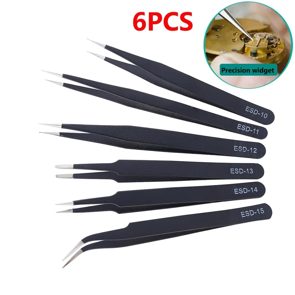 6 pcs antistatic tweezers ESD maintenance tool pins straight industrial precision curves set of repair tools