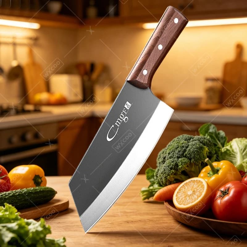 WXCOO Set di 1-3 Coltelli Professionali da Cucina, Coltello per Tagliare la Carne con Manico in Legno, Mannaia in Acciaio Inossidabile
