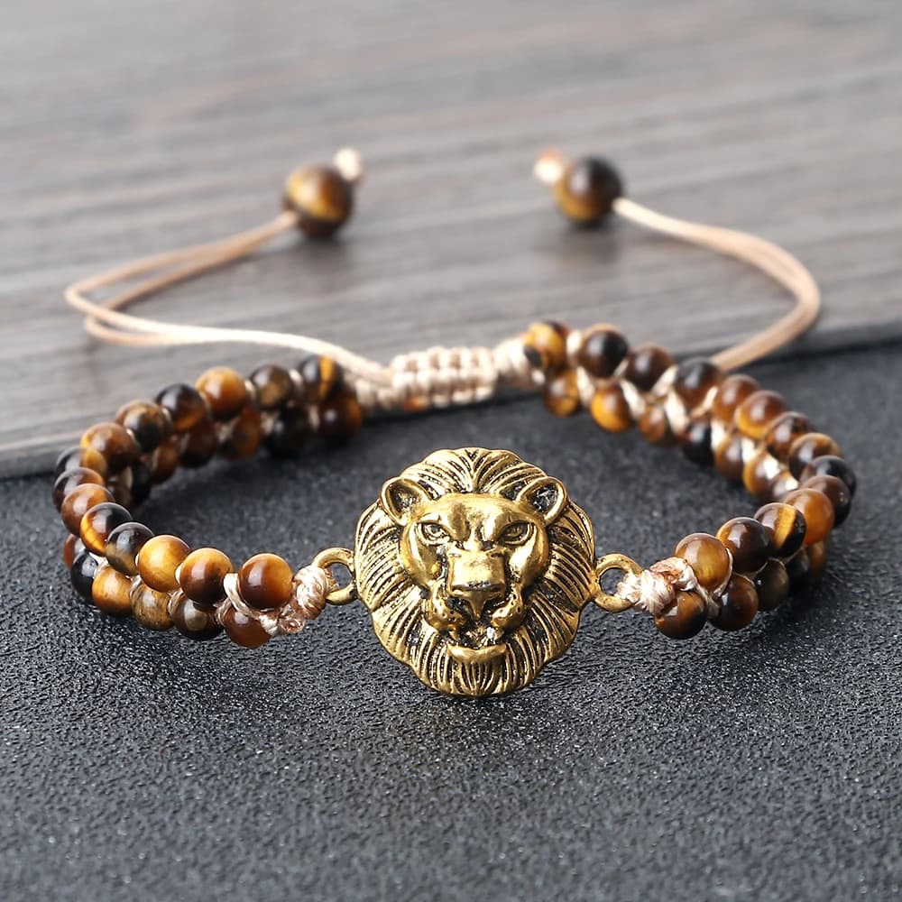 Bracciale Intrecciato con Doppia Fila di Charms in Occhio di Tigre Naturale da 4MM, Ciondolo Testa di Leone Portafortuna, Bracciale e Braccialetti per Coppie, Gioielli Regalo Nuovi