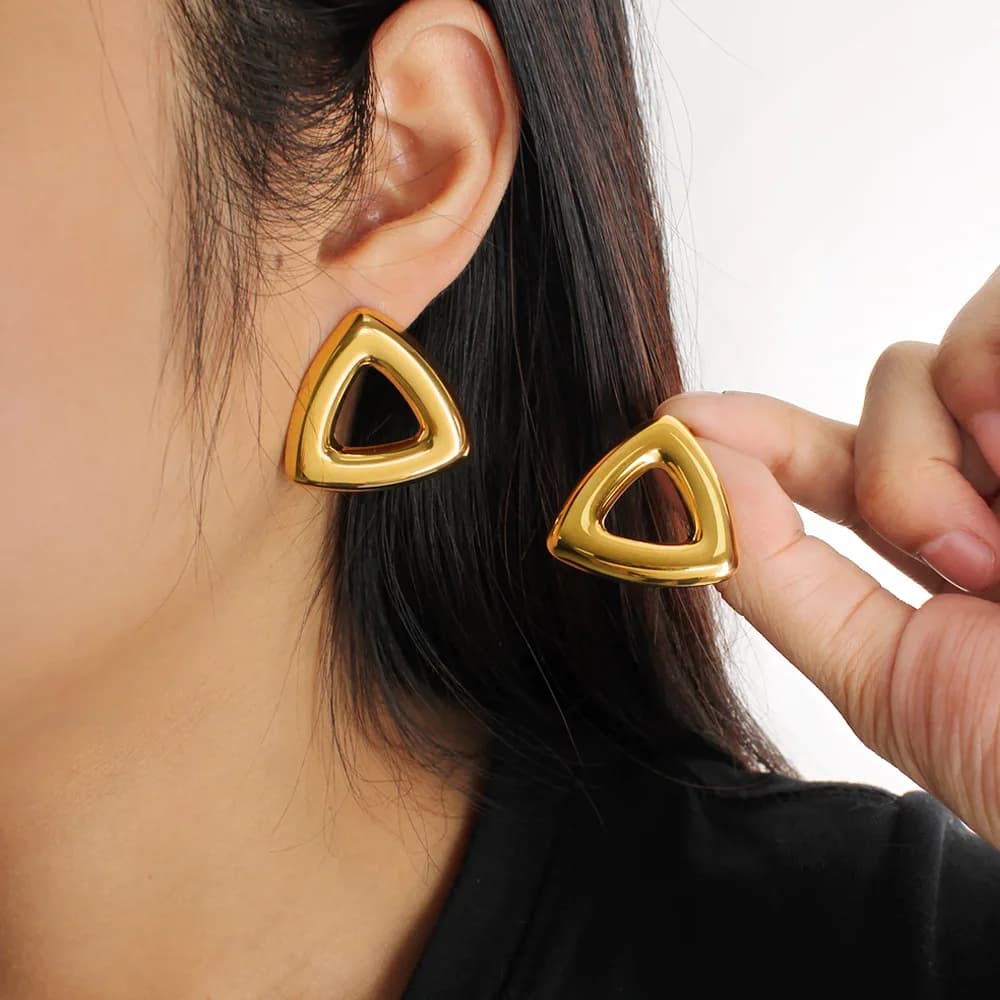 DIY accessories European and American hollow triangular stainless steel earrings design sense 18K gold titanium steel stud earri