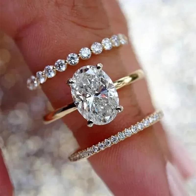3 pezzi/set di squisiti anelli ovali scintillanti con zirconi intarsiati, adatti per regali di gioielli da donna per fidanzamento, matrimonio e banchetti