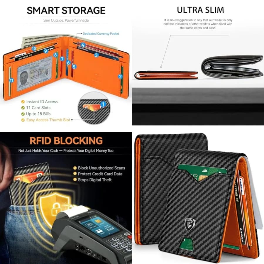 Portafoglio Sottile per Uomo con Blocco RFID, in Pelle, Bifold, per Tasca Frontale, Porta Carte in Fibra, Portafogli Originali con Confezione Regalo