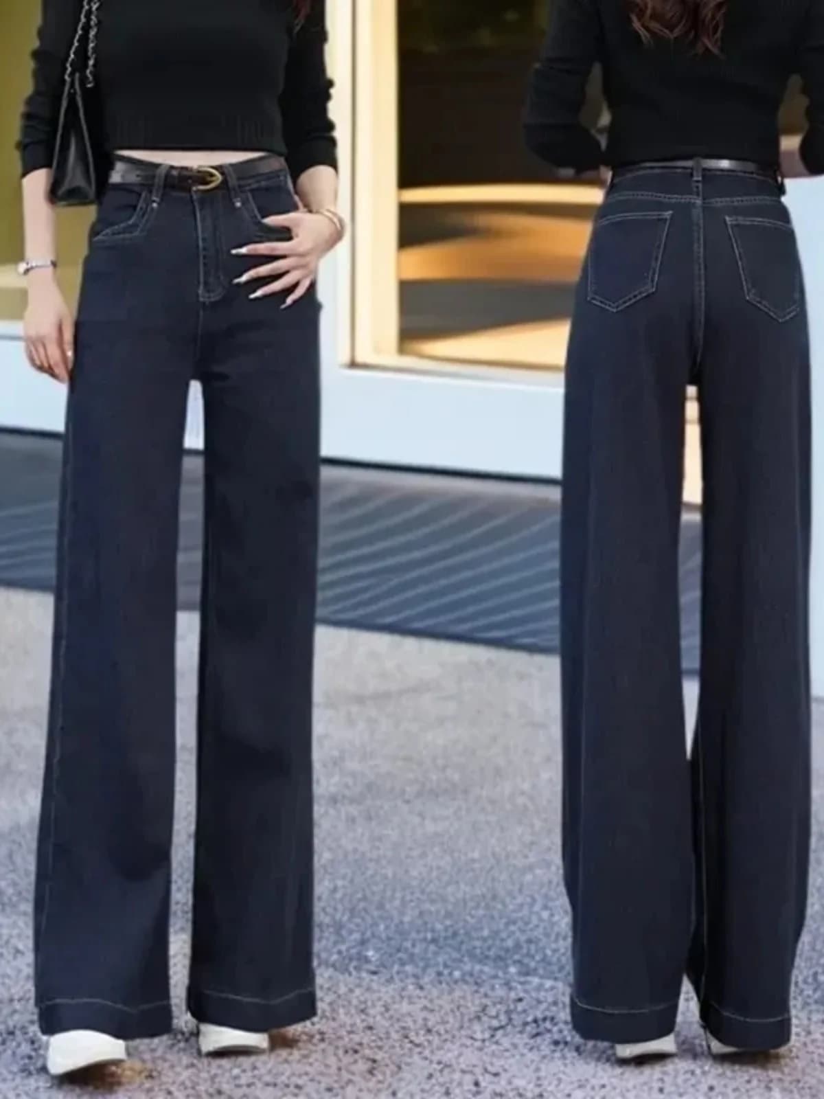 Jeans a Vita Alta e Gamba Larga, Taglio Dritto, Moda Donna Autunno Inverno, Nuovo Stile Snellente, Lunghezza Lunga, Pantaloni Casual in Denim