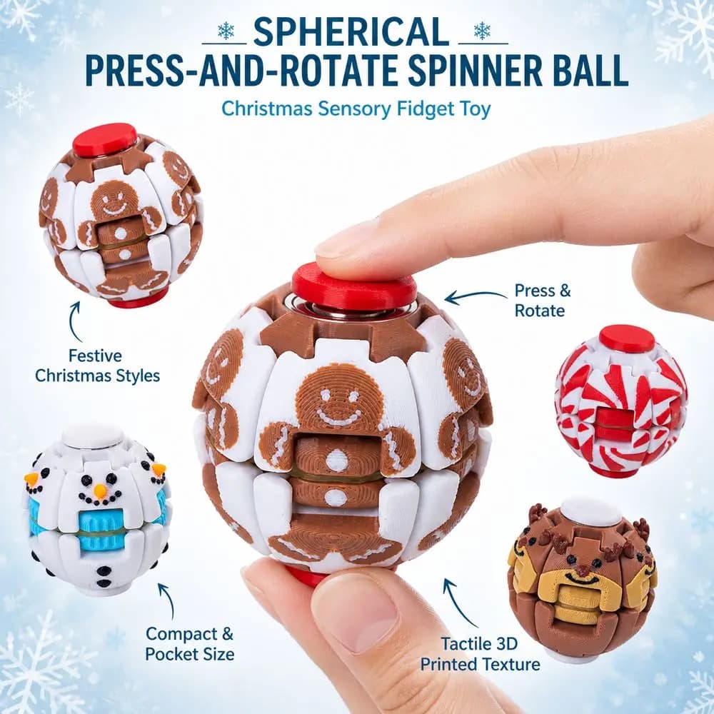 3D Printed PLA Fidget Spinner Ball Press and Rotate Spherical Structure Sensory Spinner Toy Christmas Festive Style