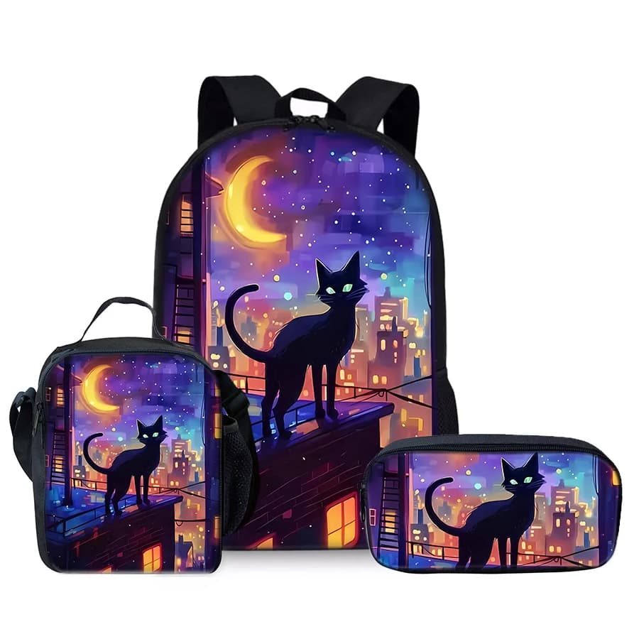Set di tre pezzi con zaino, borsa per il pranzo e astuccio a tema gatto per bambini/e, regalo ideale, zaino scolastico 2D a cartoni animati per adolescenti.