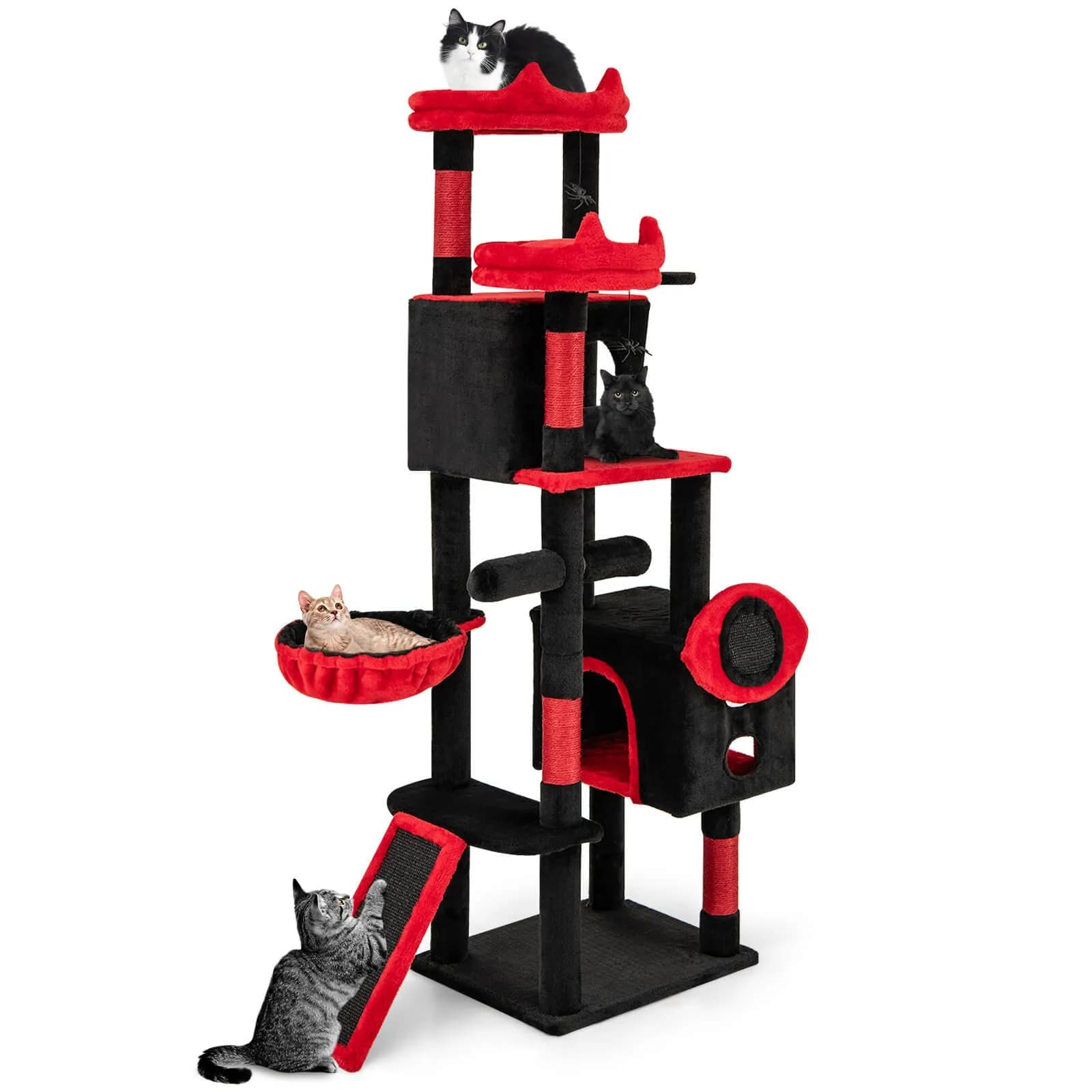 Albero per Gatti Gotico per Interni con 2 Cucce e 2 Posti Relax in Peluche, Palline Pendenti