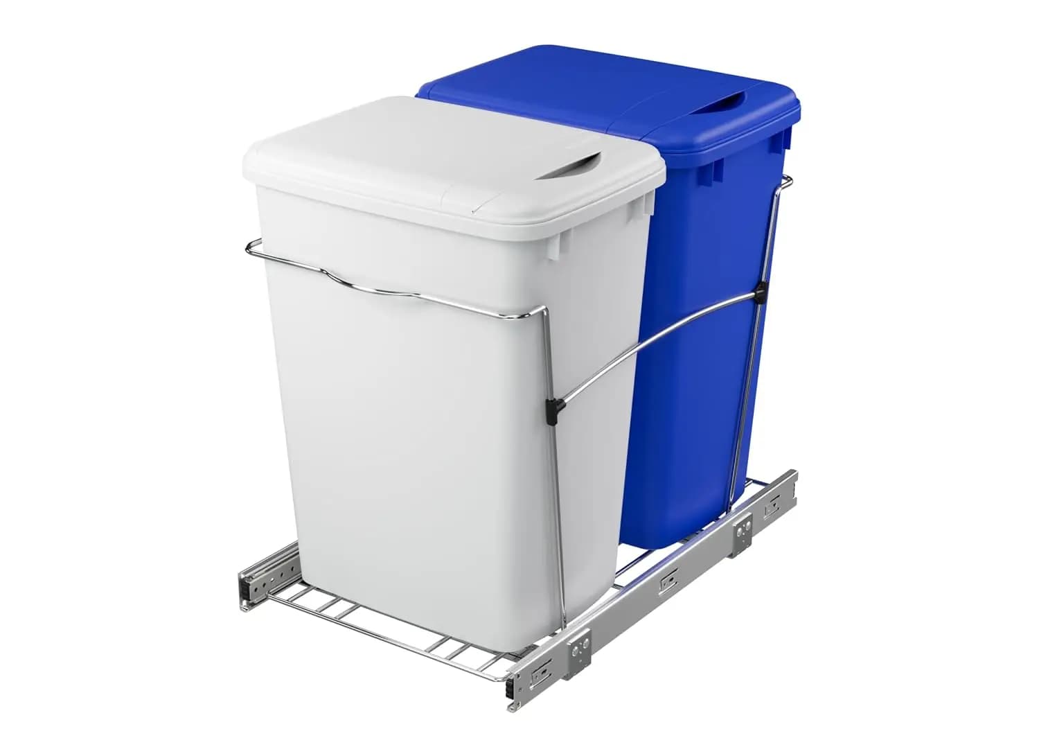 Double 35 Qt Pullout Trash Can for Base Kitchen Cabinets, Garbage Waste & Recycling Bin System with Lids & Full, Customized