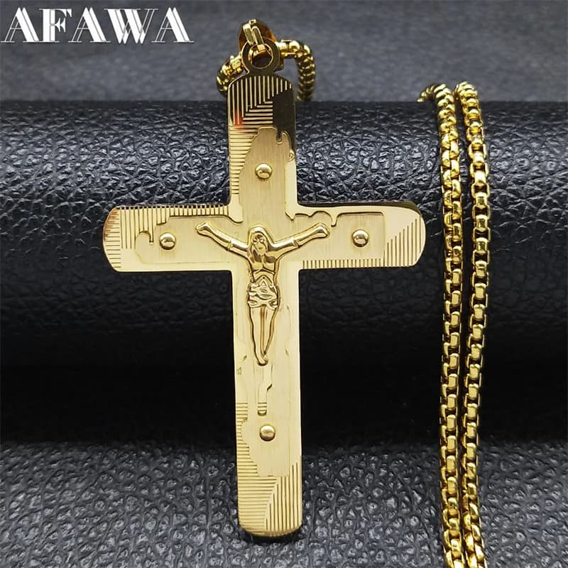 Jesus Cross Big Pendant Necklace for Women Men Stainless Steel Gold Color Christian Chain Jewelry collier hommes N2346S02