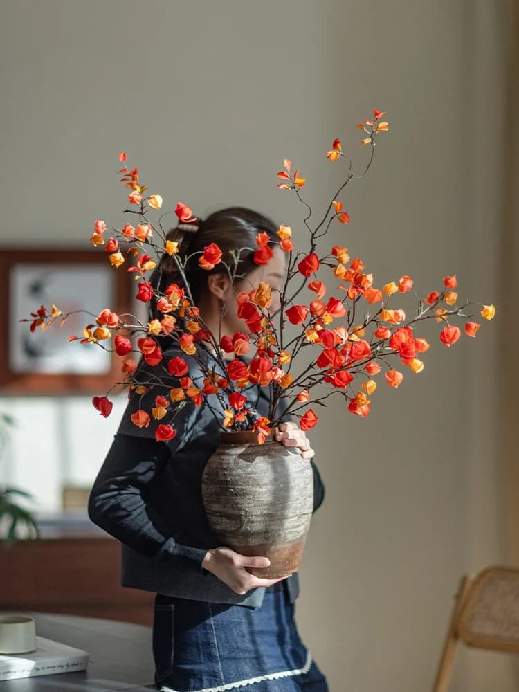 Bouquet di Fiori Secchi Realistici per Decorazione Soggiorno e Tavola da Pranzo, Composizione Floreale Artificiale in Stile Cinese con Lanterna e Frutta