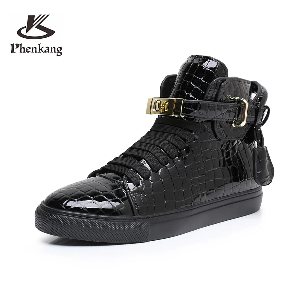 Men Luxury Red Genuine Leather High Top Sneakers Metal Lock Buckle Hip Hop Street Ankle Boots Casual Streetwear Walking Shoes