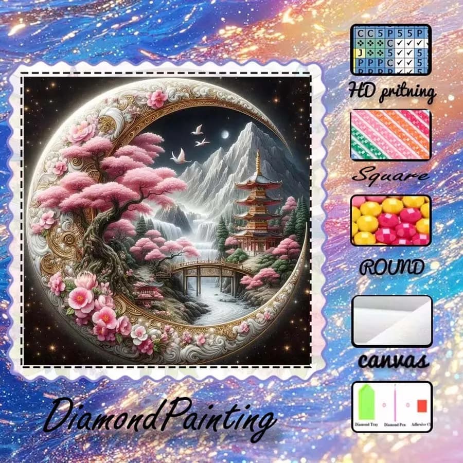 1 pezzo di tessuto floccato 5D fai da te, trapano speciale, kit per pittura con diamanti, paesaggio, fiori di ciliegio, mosaico con motivi, arte con diamanti