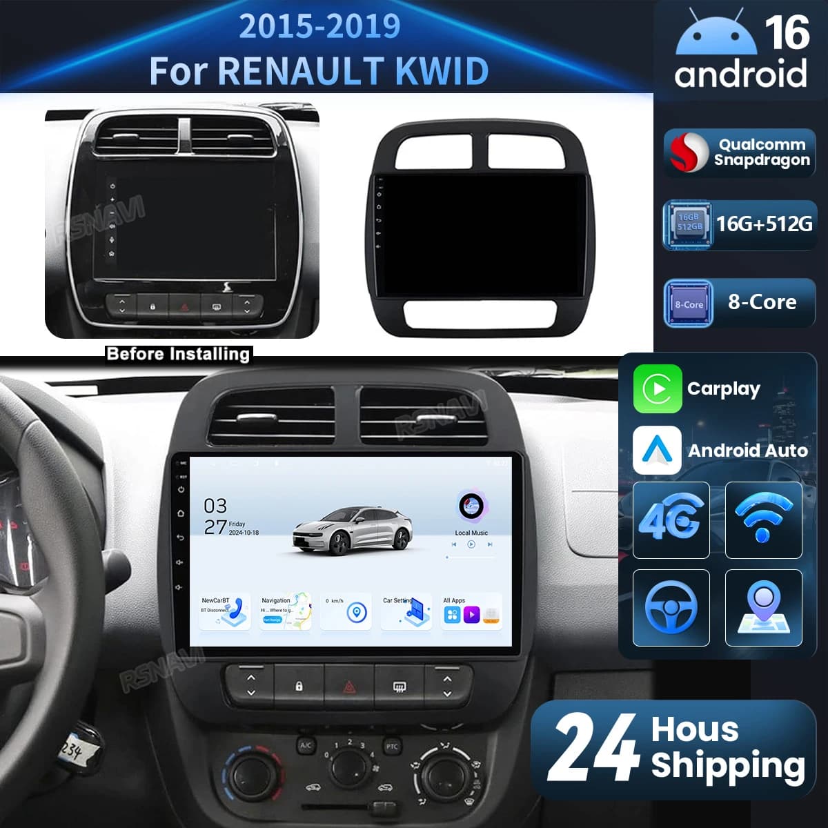 Autoradio Android 16 con Carplay, Schermo 2K, Lettore Multimediale per Renault KWID K-ZE 2015-2019, Stereo Qualcomm 16G-512G WIFI