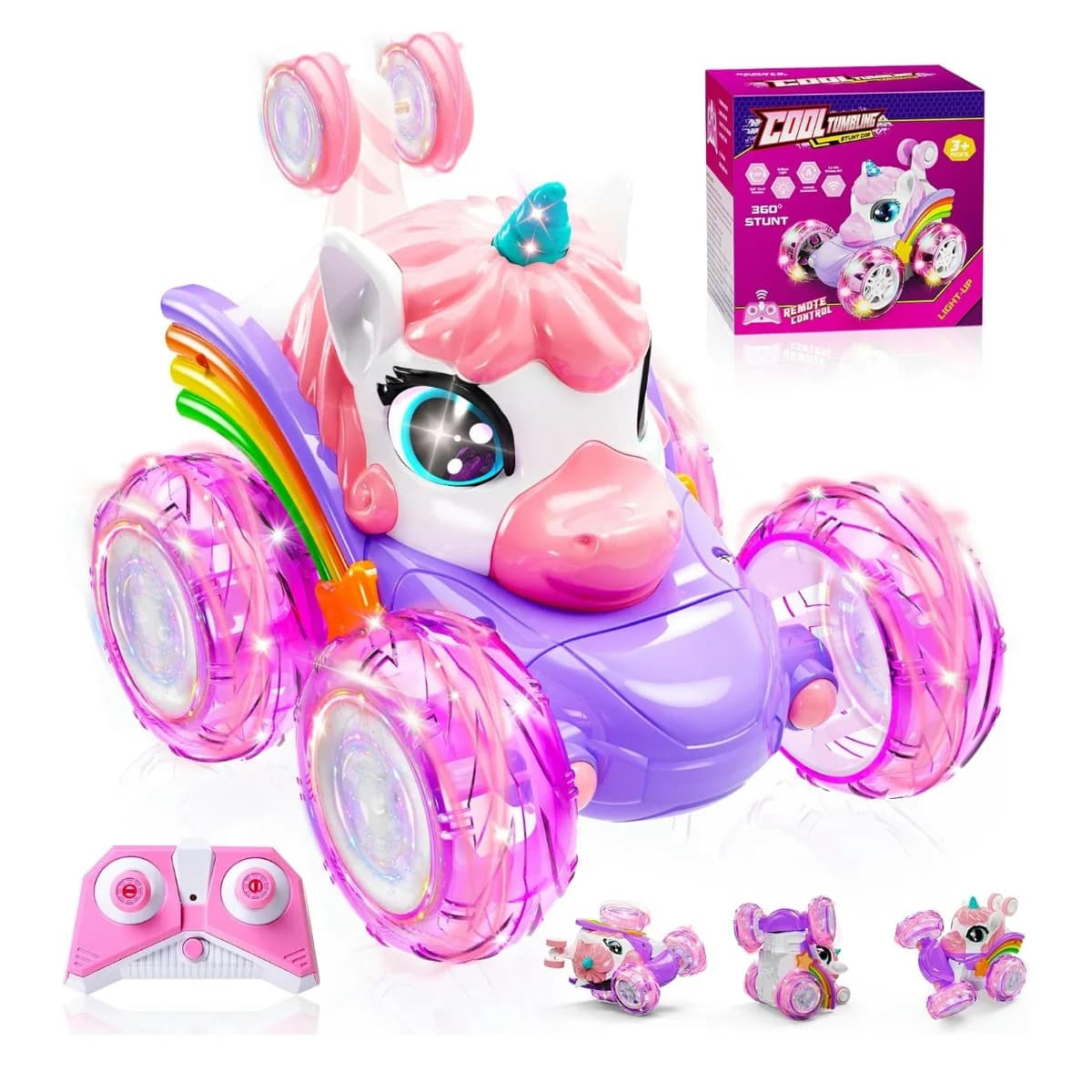 Auto telecomandata Unicorno per ragazze, 360 ° Auto RC acrobatiche girevoli 4WD con luci carine, giocattoli ricaricabili, regali di compleanno per bambini