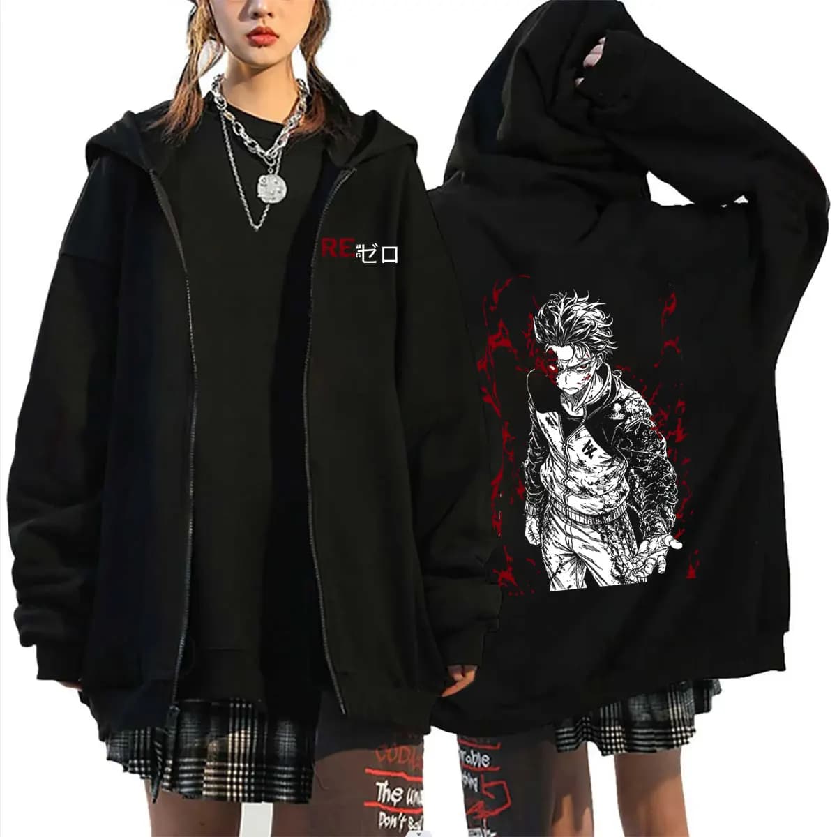 Anime Re:ZERO Starting Life in Another World Zipper Hoodie Subaru Natsuki Graphic Zip Up Hoodies Men Women Vintage Casual Jacket