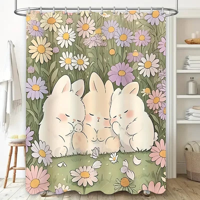 Tenda da doccia chic con fiori di coniglietto per la decorazione domestica - Tappetino da bagno impermeabile dal design simpatico cartone animato per bambini e adulti Ganci antiruggine ‌