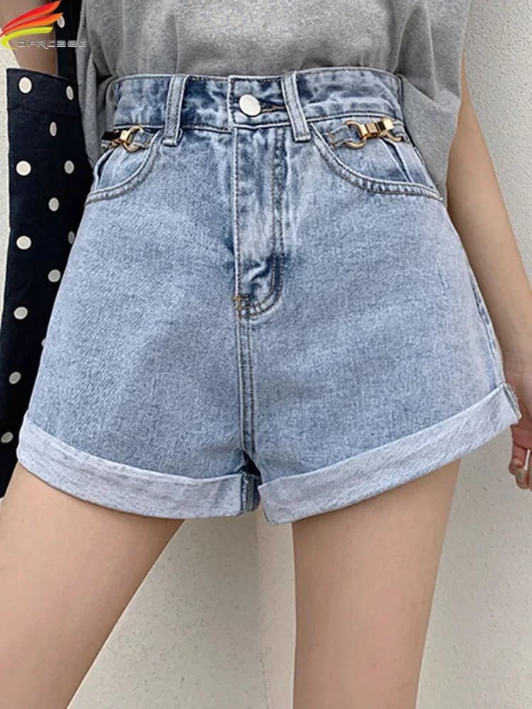DFRCAEG estate 2024 pantaloncini di Jeans donna a vita alta gamba larga Jeans blu a crimpare larghi pantaloncini di Jeans con paillettes femminili