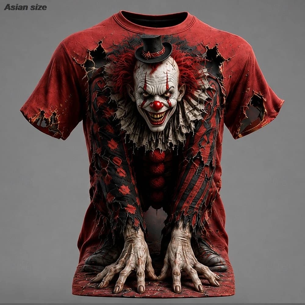 Halloween Men's Optical Illusion Creepy Clown 3D T Shirt Short Sleeve Crew Neck Horror Club Party Streetwears