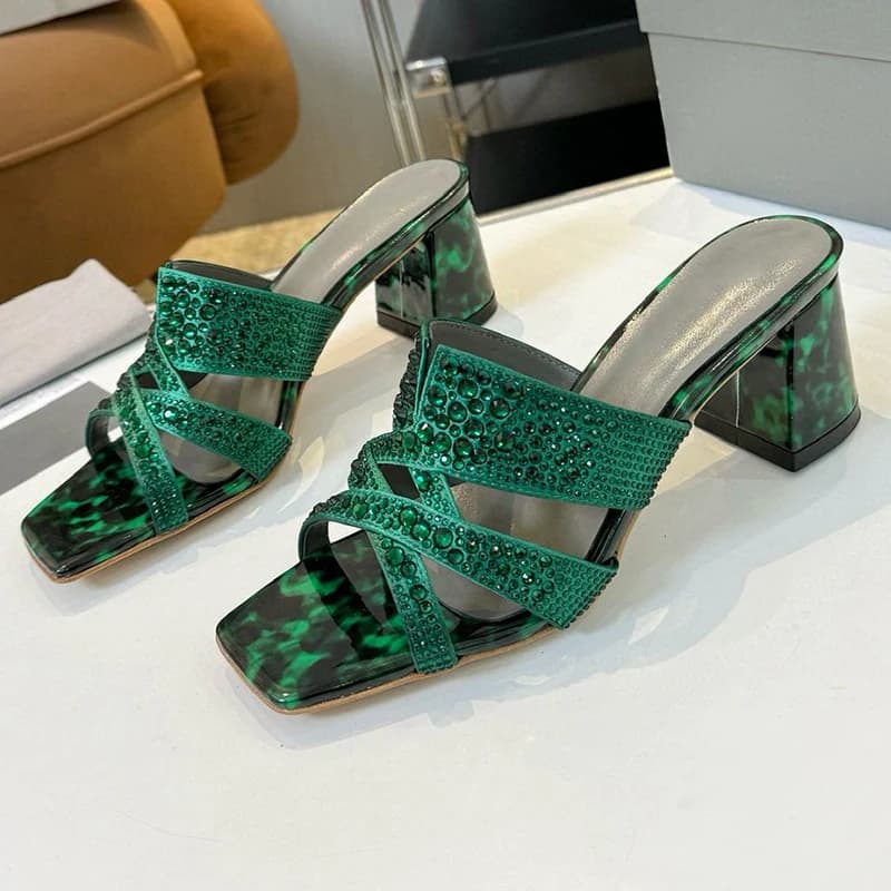 Pantofole con tacco quadrato e punta aperta da donna Sandali con decorazioni in strass in vera pelle Scarpe eleganti estive Scarpe da vacanza