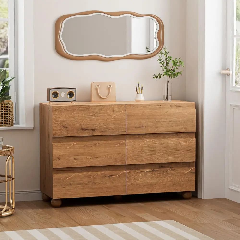 Cassettiera a 6 cassetti per camera da letto in rovere naturale con bordi scanalati, cassettiera moderna da 47 pollici di larghezza con maniglia a scomparsa, armadio in legno scanalato