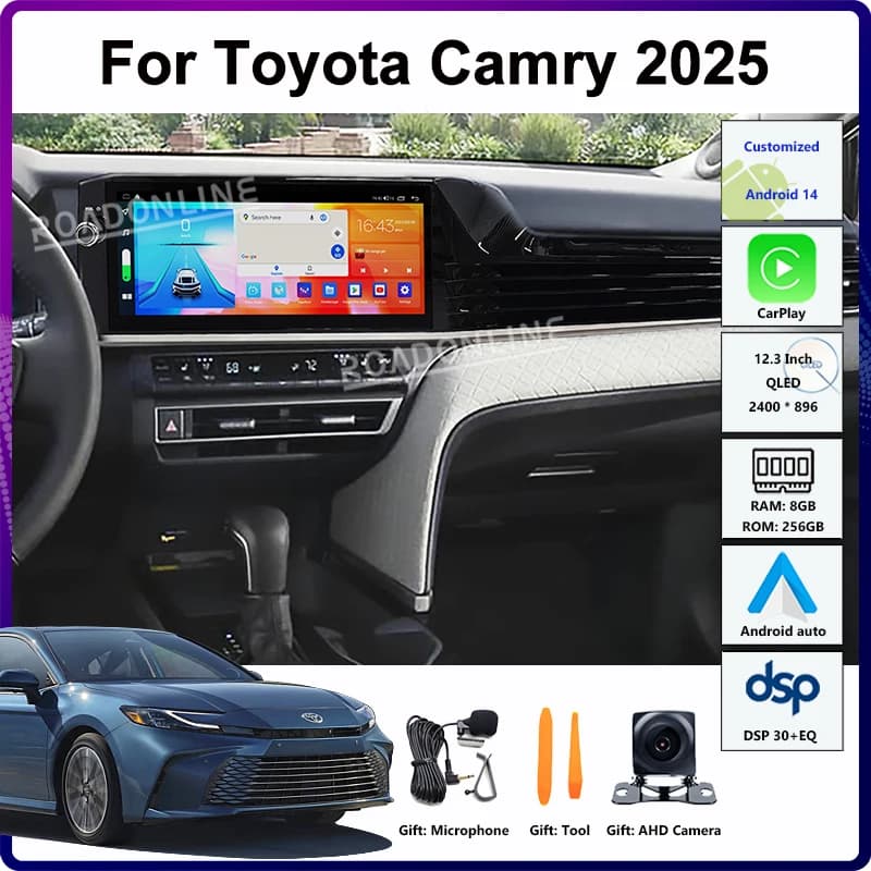 12.3” Android 14 For Toyota Camry 2025 Car Multimedia Player GPS Head Unit Stereo Receiver Radio CarPlay 2400*896 8+256GB QLED