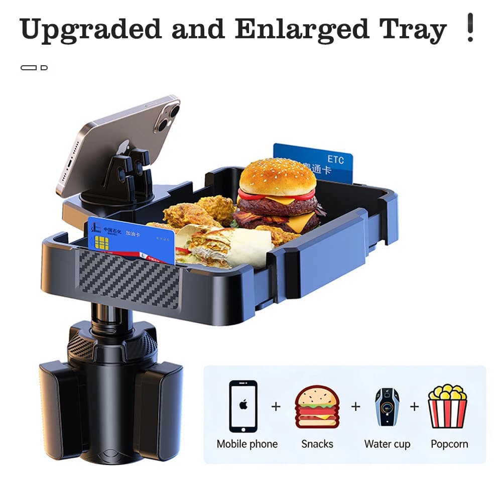 Portabicchieri Auto Espandibile Aggiornato con Vassoio Porta Cibo Allargato e Supporto Telefono, Organizer Auto Multifunzione 2-in-1