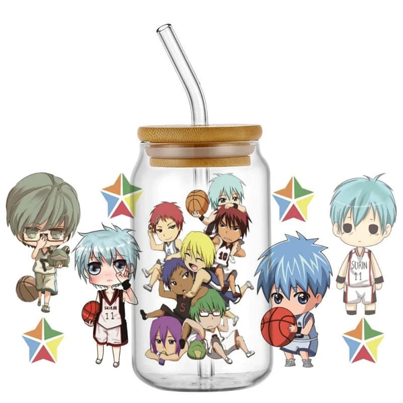 Adesivi decorativi UV DTF da 16oz con disegni di ragazzi che giocano a basket, in offerta speciale, per bicchieri Libbey, impermeabili, fai da te.
