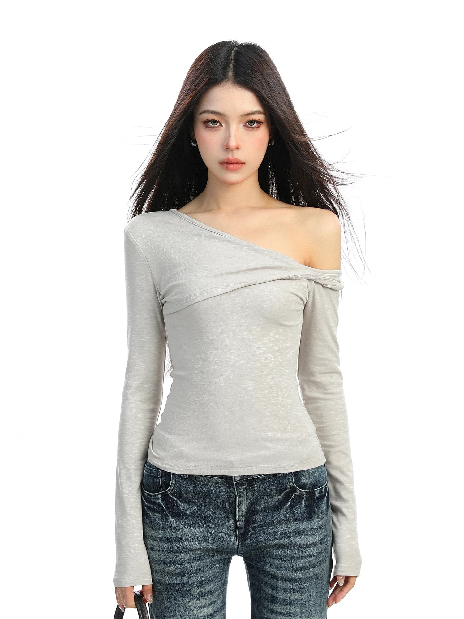 Pure Desire Style Long Sleeve Twist Shoulder T-Shirt Women's Spring Autumn Korean Style Shoulder Bared Slim Fit Sexy Base Shi...