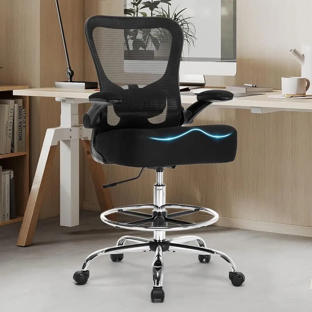 Sedia da ufficio ergonomica alta con cuscino spesso, poggiapiedi e tessuto traspirante, nera