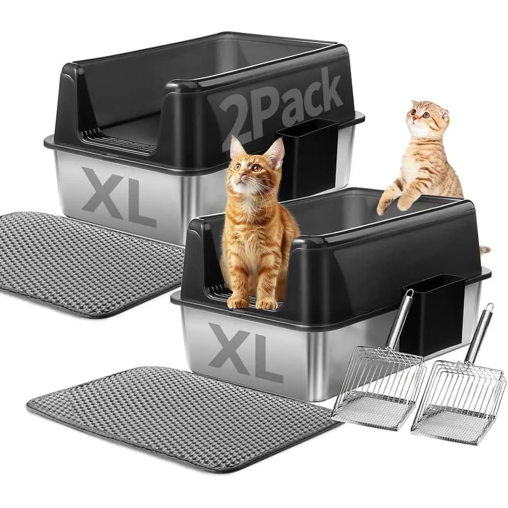 Set di 2 Lettiere per Gatti in Acciaio Inox con Porta Paletta, Lettiere XL con Paletta in Metallo, Tappetino per Lettiera, Facile da Pulire, per Interni