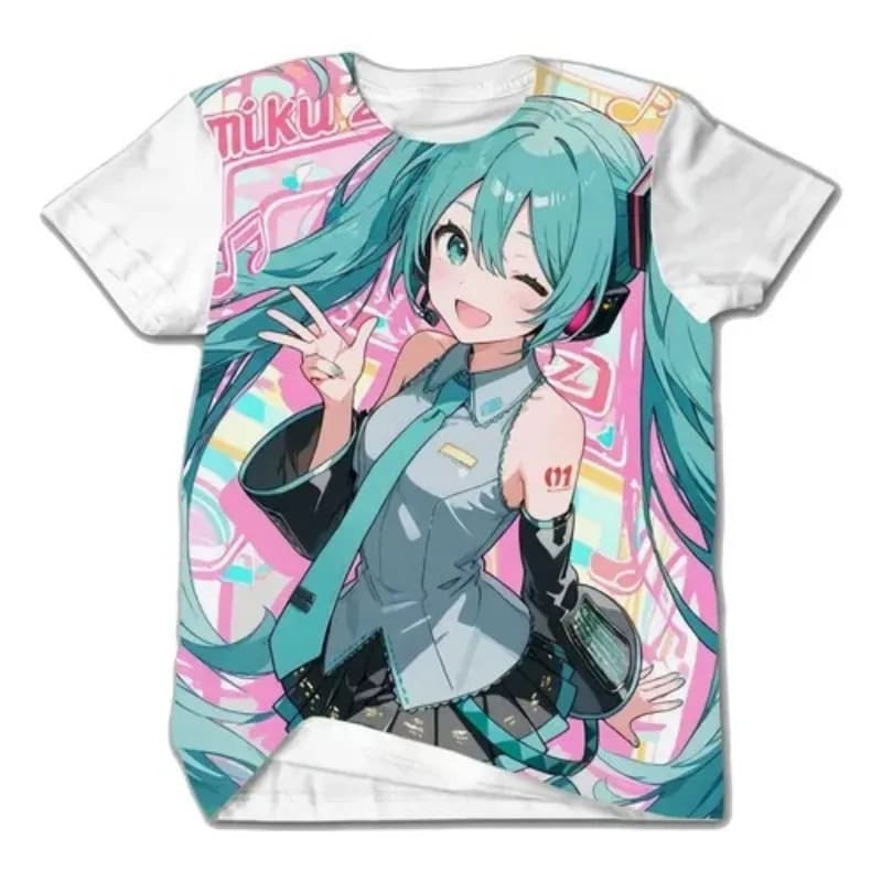 2026Summer Hatsune Miku Pink Neon T Shirt Anime Virtual Singer Full Print Short Sleeve Casual Crew Neck Streetwear Tops for Fans