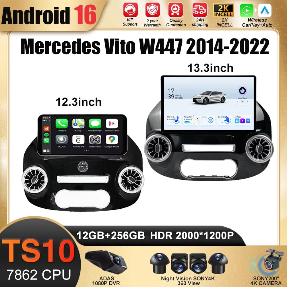Autoradio Android 16 da 13 Pollici per Mercedes Vito W447 2014-2022, Lettore Multimediale Stereo con WiFi 5G, Navigazione GPS, 1920*1200, CPU 7862