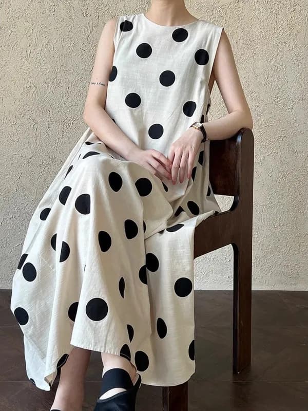 Abito Estivo Casual da Donna in Cotone e Lino a Pois Stile Coreano Semplice, Gonna a Trapezio alla Moda, Effetto Old Money