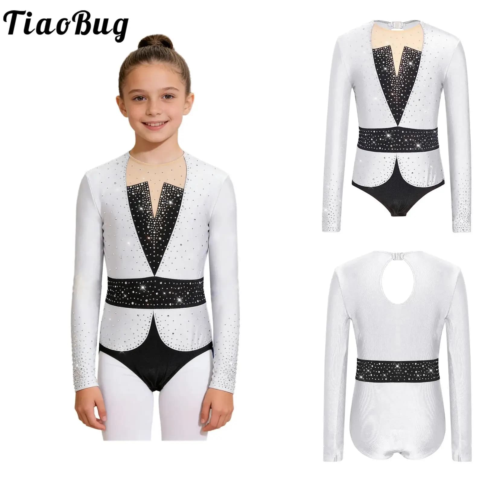 Body da Ginnastica per Bambine con Strass Lucidi, Maniche Lunghe, per Danza, Pattinaggio Artistico, Acrobatica, Allenamento e Spettacoli