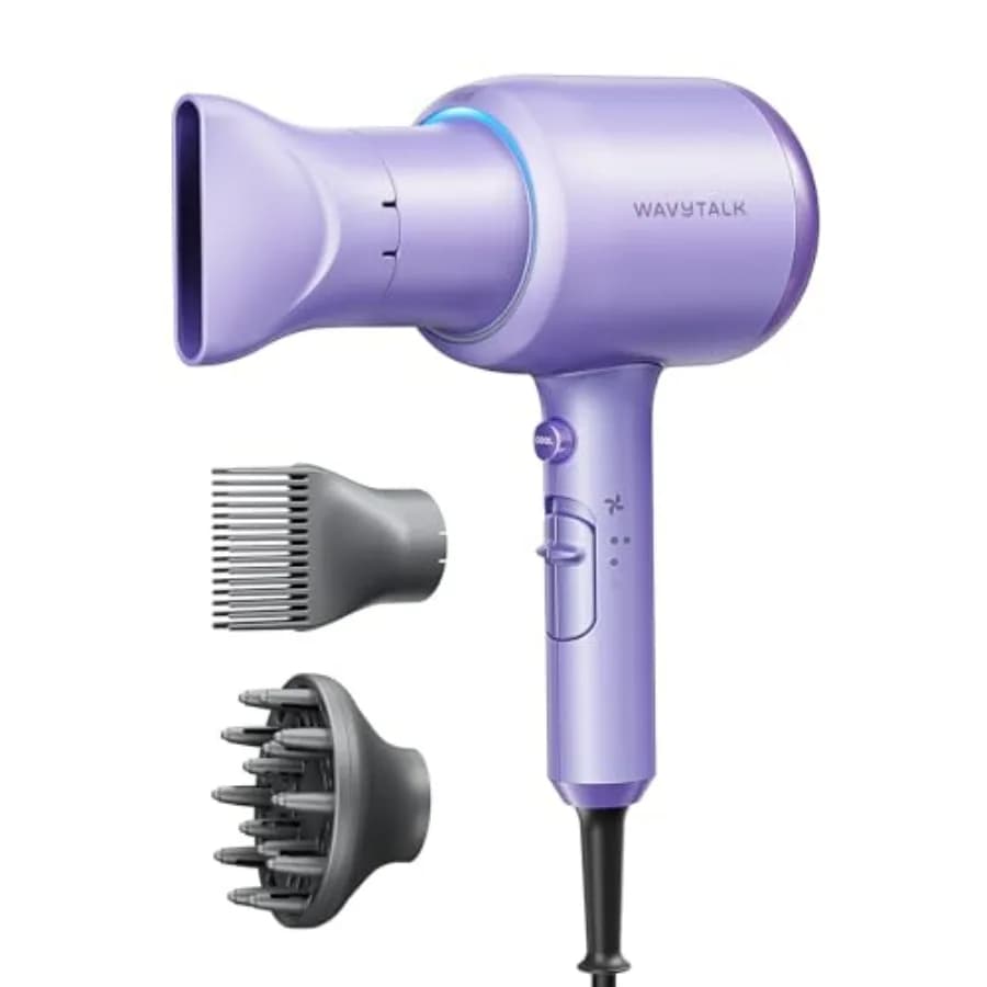 Asciugacapelli con diffusore per capelli ricci, Asciugacapelli ionico in ceramica viola da 1875W ad asciugatura rapida con pettine e 3 accessori, leggero e compatto
