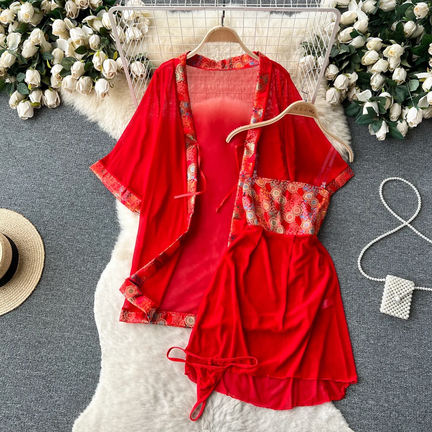 Sexy Lace See-through Hanfu Set Women's Bustier Dress Cardigan Shawl Outerwear Pure Desire Two-piece Trendy Summer Outfit
