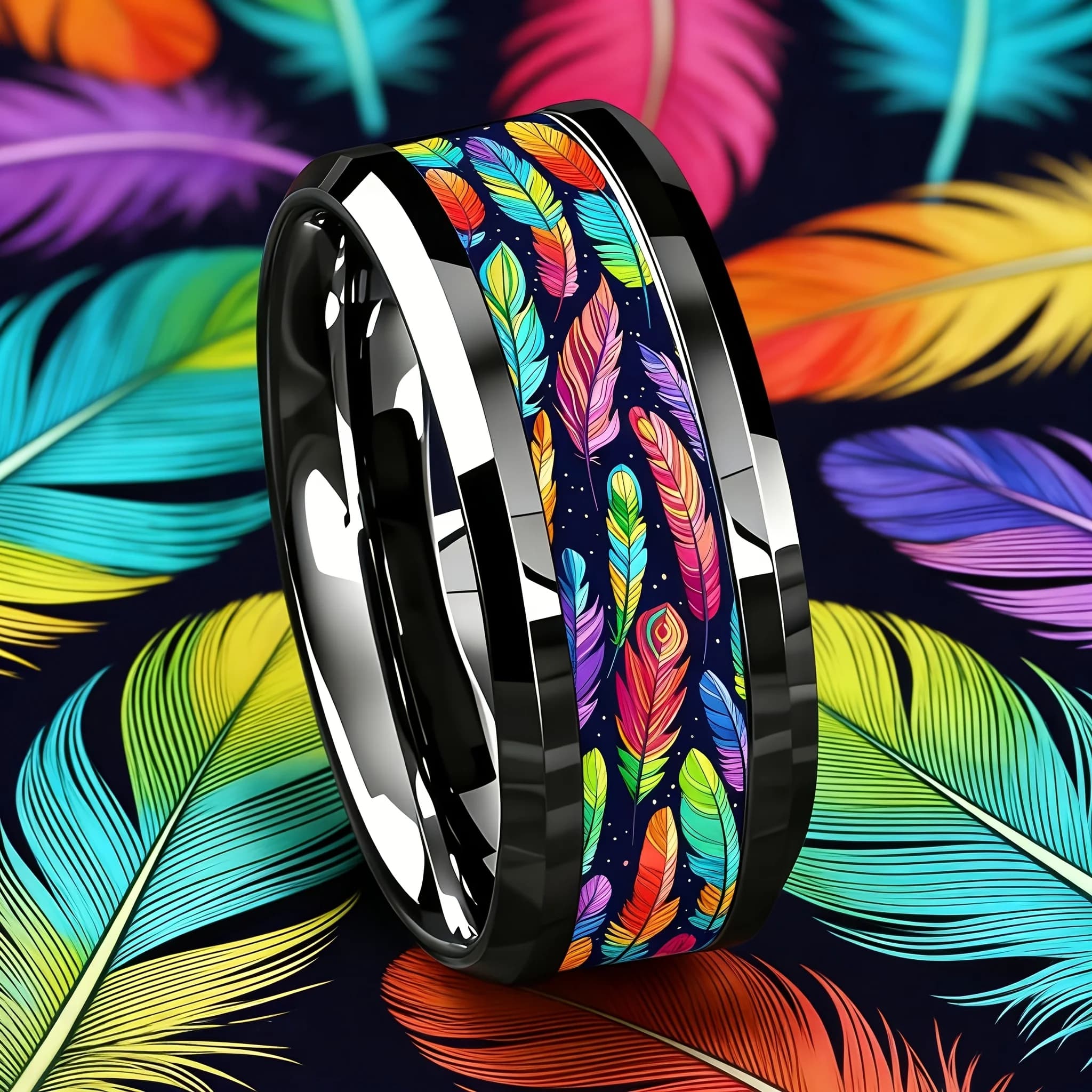 SUNFLOWERZHU Anelli da Uomo in Acciaio Inossidabile con Piume Colorate, Anello Personalizzato in Acciaio Inossidabile Lucido Argento con Cartone Animato, Vendita all'Ingrosso