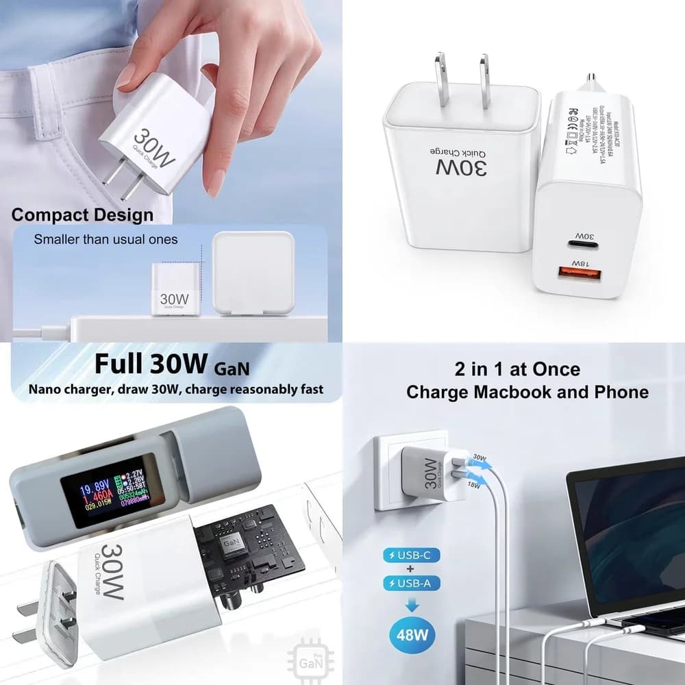 Mini 30W PD USB C Adapter Wall Charger EU US Plug Dual Port for iPhone 17 16 15 Pro Max Samsung S26 S25 S24 Xiaomi Huawei