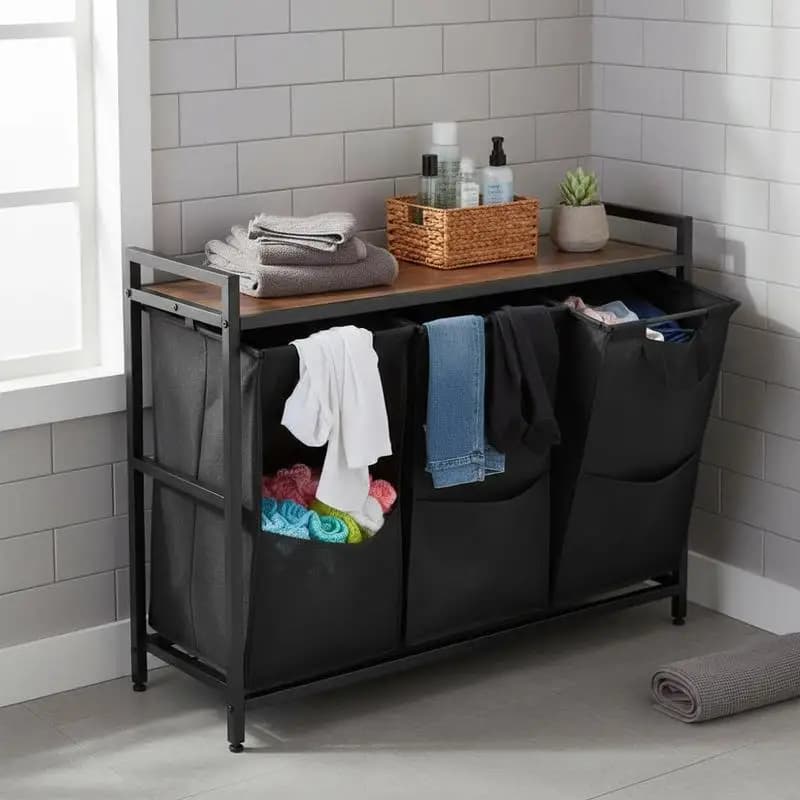 Triple Laundry Organizer 29.3"x11.8"x28.7" For Bedroom Bathroom Laundry Room, Wooden Tabletop Rolling Storage Metal Frame Removable 600D Oxford Cloth Bags Pull-Out Baskets Large Capacity Dirty Clothes Sorting Station Brown Black