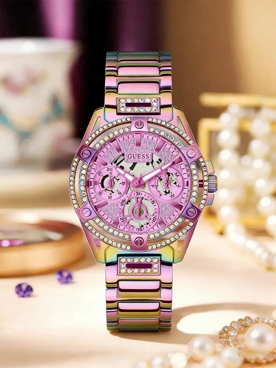 Orologio al Quarzo GUESS da Donna con Diamanti, Sfumato Rosa, Trendy, in Acciaio Inossidabile, Accessorio Casual Quotidiano per Feste