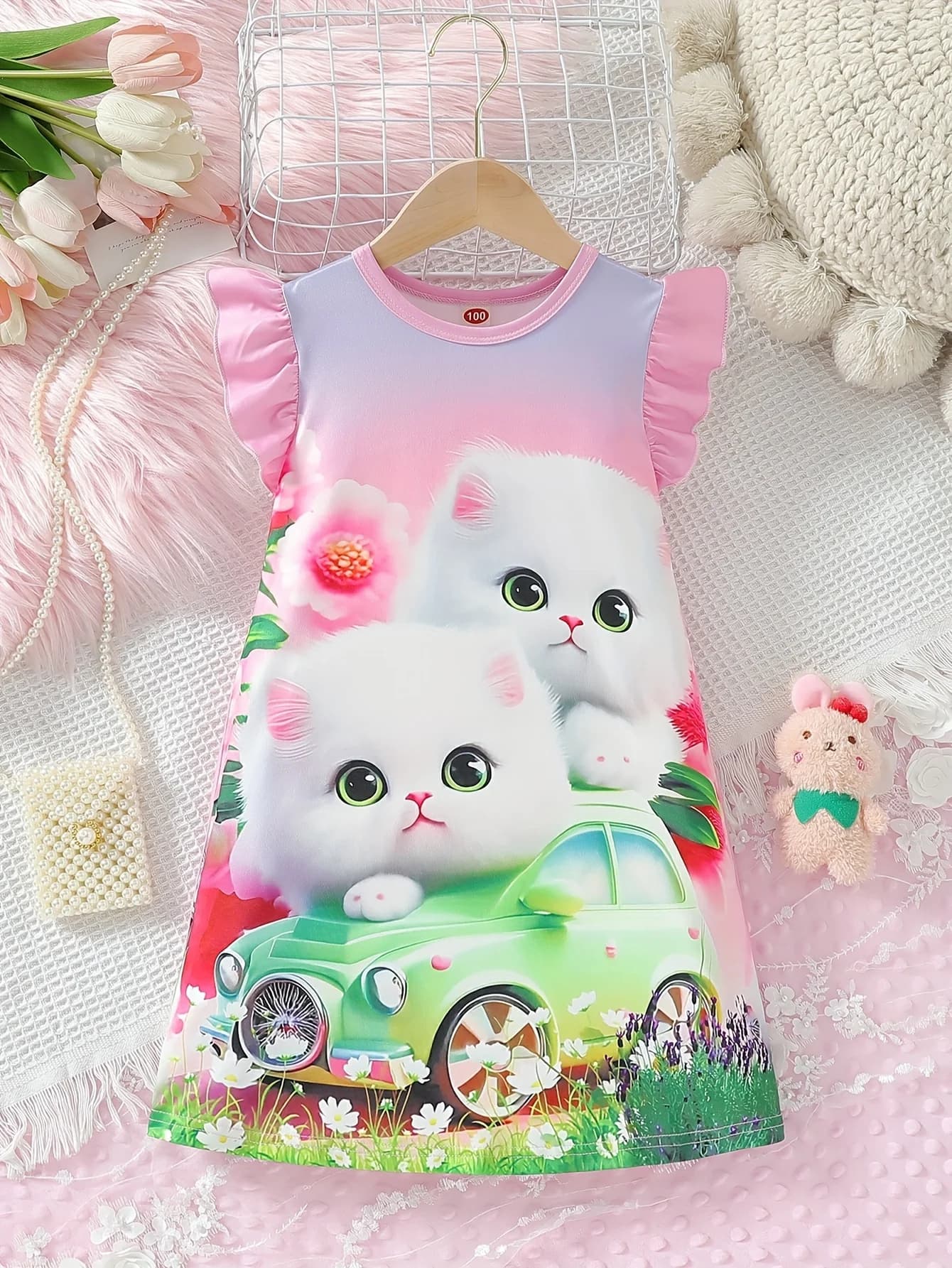Camicia da notte con stampa gattino 3D cartone animato per ragazze-tessuto morbido, abbigliamento da casa per bambini perfetto, pigiama ispirato alla principessa per una notte magica