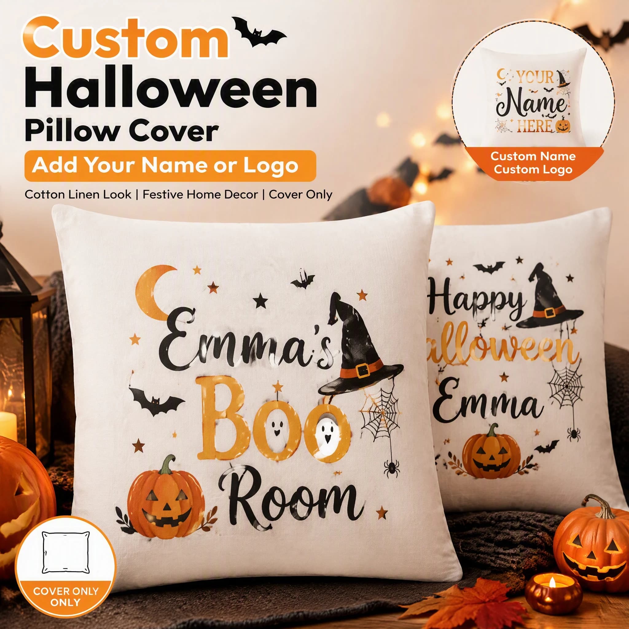 Free design Halloween Pillow Cover Personalized Photo Name Spooky Pumpkin Ghost Cushion Case Home Party Decor Gift
