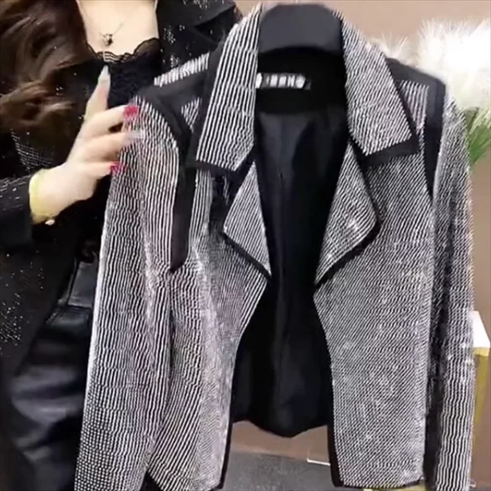Nuova giacca corta da donna Top cappotti colletto polo manica lunga strass bling blazer cappotto