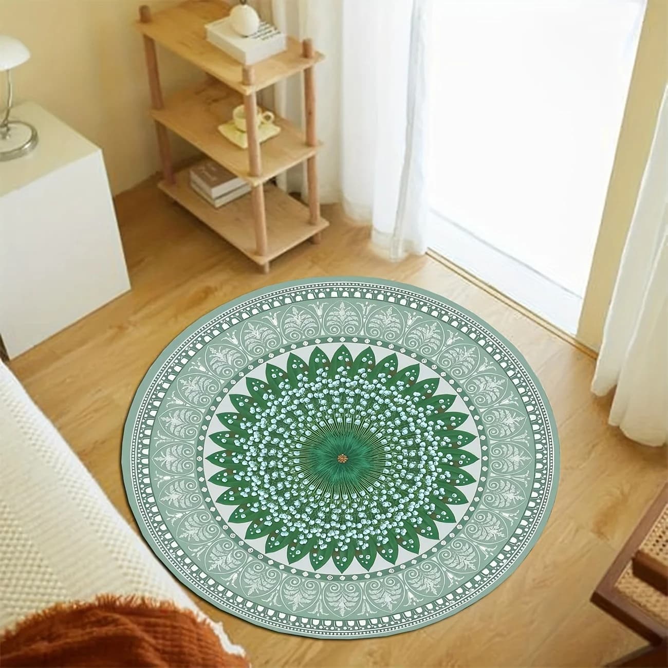 Green round carpet with mandala, flannel non-slip mat for bedroom, yoga, meditation, home decor in boho chic style, gift idea