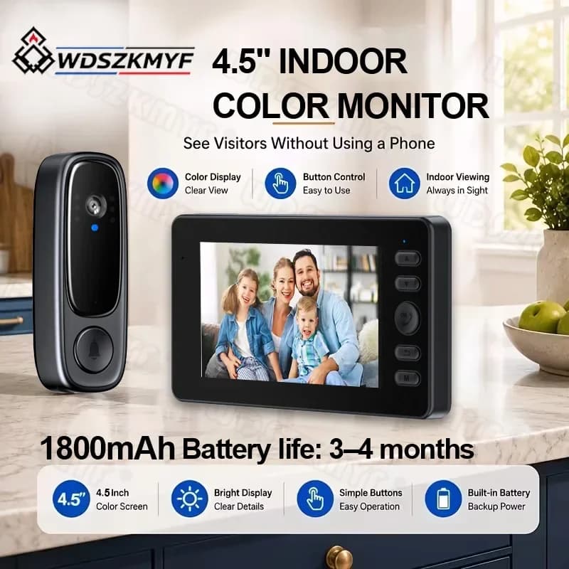 Digital Door Viewer Camera 4.5" Screen 1080P Two-Way Intercom 1800mAh Battery Night Vision Outdoor Monitor for Home Apartment
