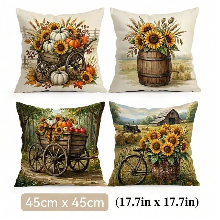 4pcs Farm Sunflower Pattern Single-Sided Printed Decorative Pillow Covers For Sofa Bed Living Room 40x40cm 45x45cm 50x50cm