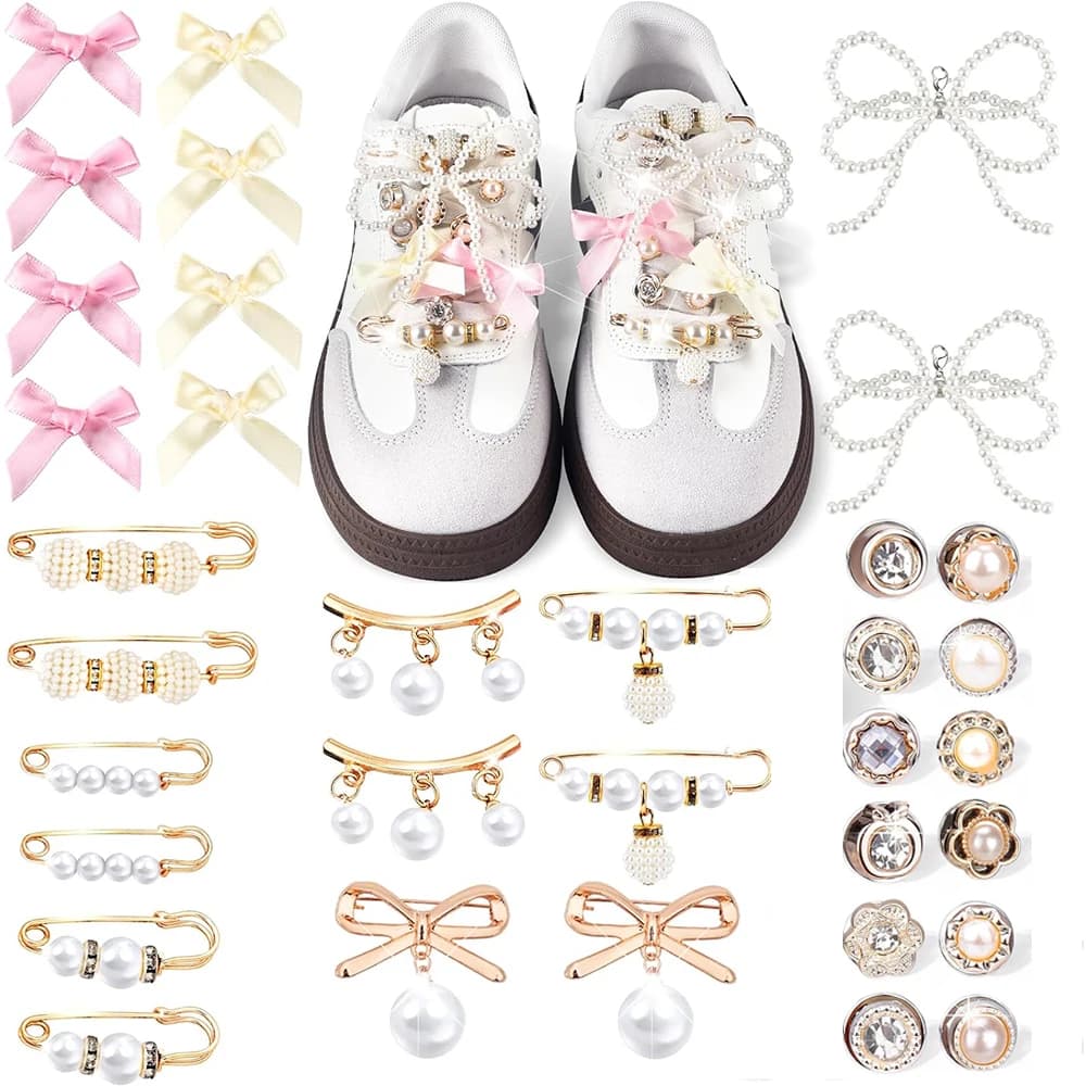 Kit of 34 sneakers pendants, gilded pendants for socks, pendants for laces, pearl bows and pins for women's jewelry accessories