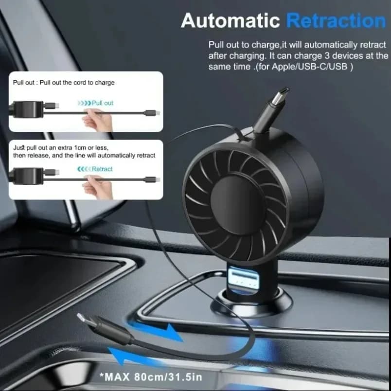 USB C Car Charger 50W PD Fast Charging Retractable 3 in 1 Cable for iPhone 15 Samsung Galaxy iPad Truck SUV RV 12V
