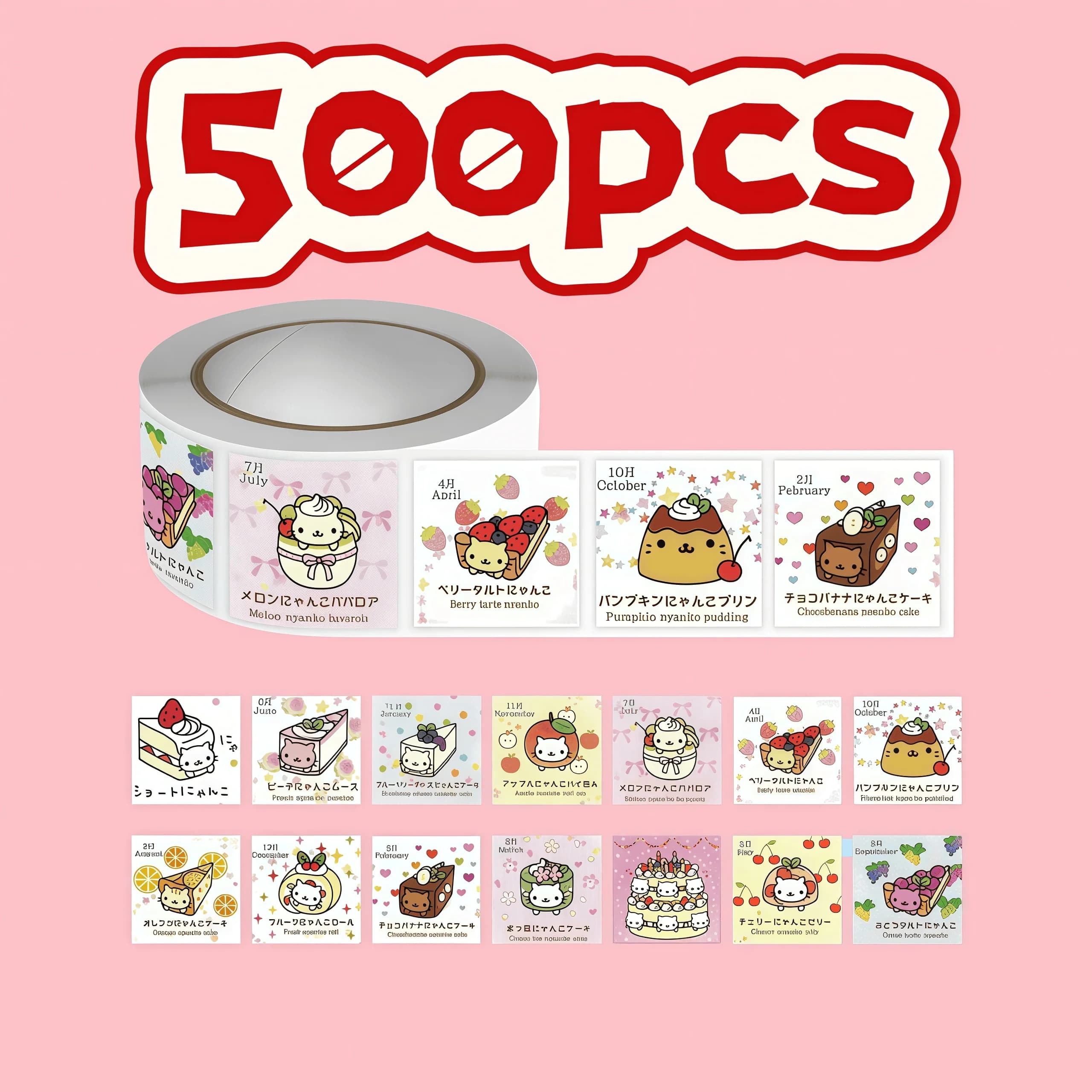 500Pcs/Roll Kawaii Cat Dessert Stickers, Cute Cake - Themed Cartoon Decals for DIY, Journal & Gift Decor