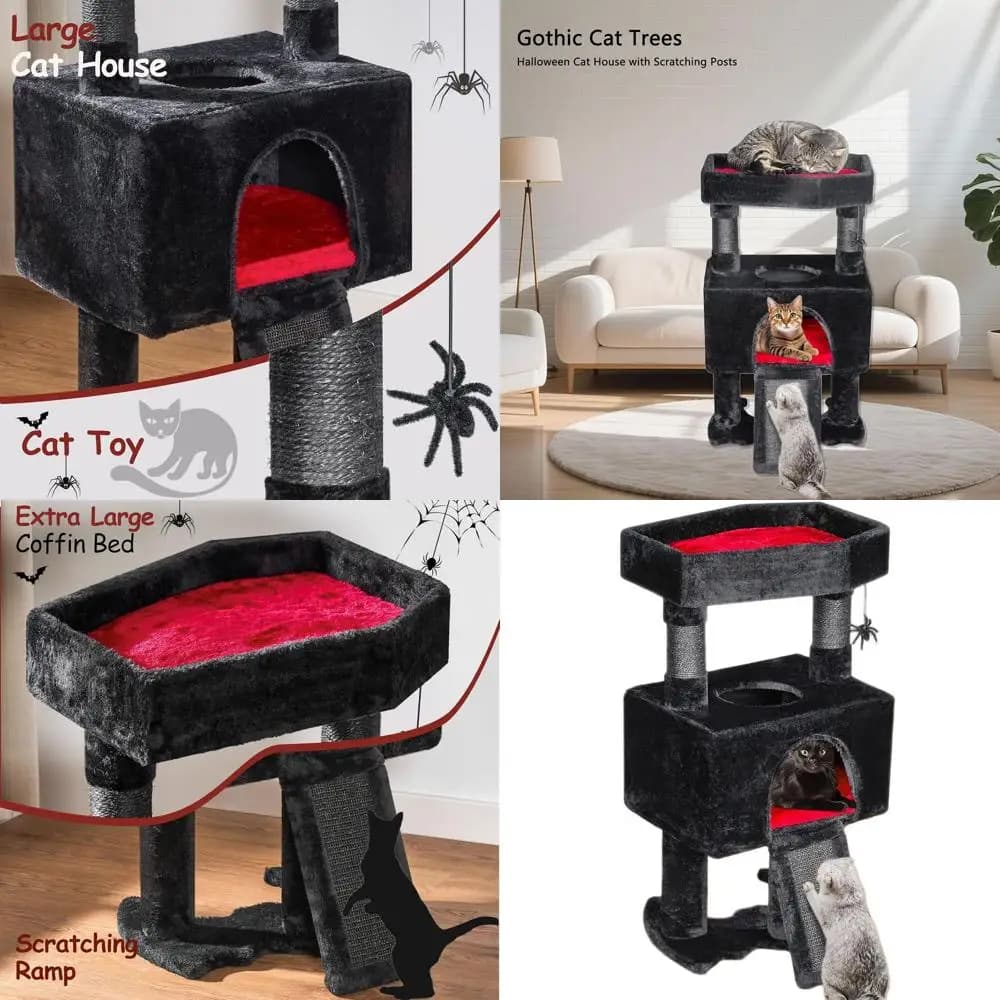Torre per gatti in stile gotico per interni con letto a bara, condominio, tiragraffi e giocattolo ragno - nero con accenti rossi
