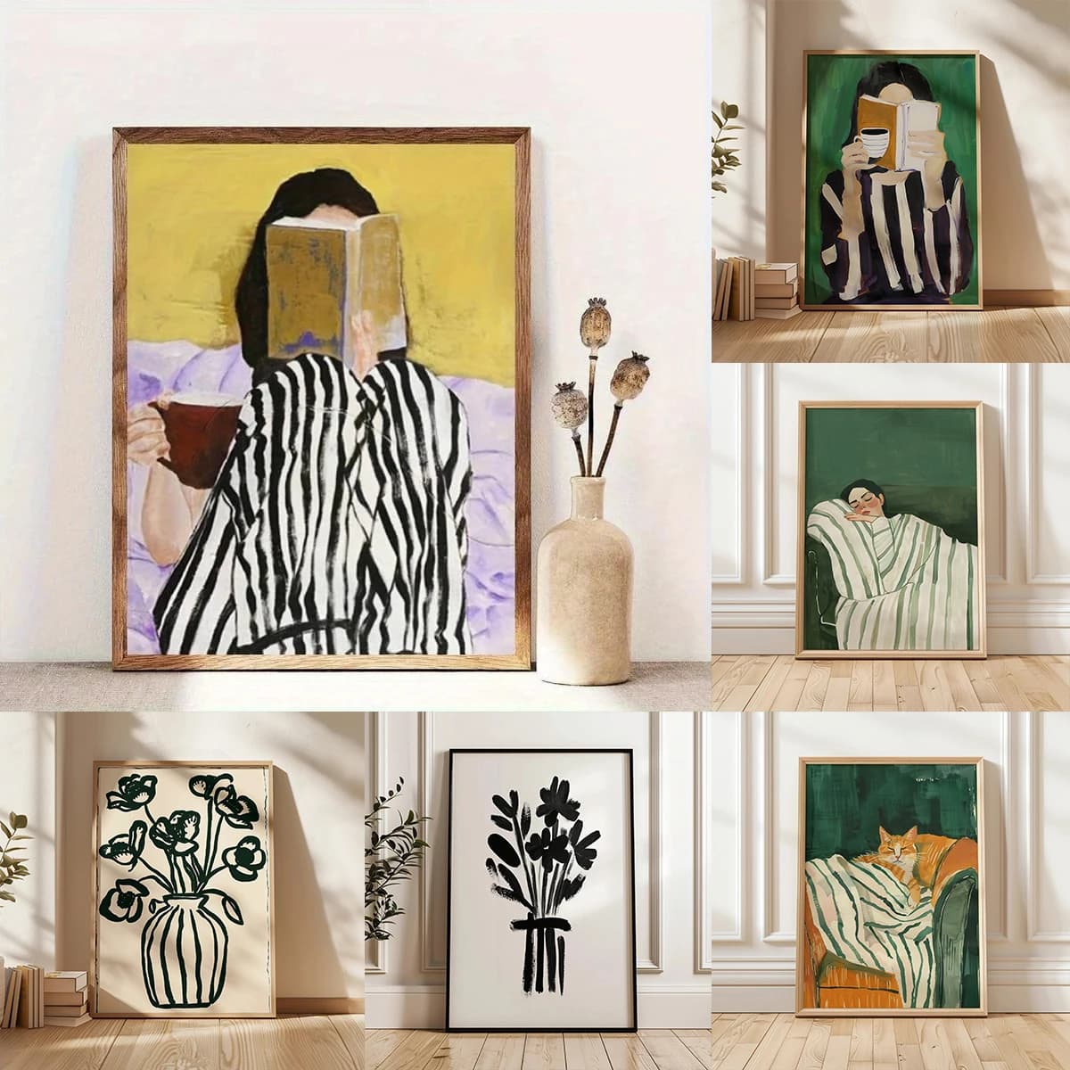 Abstract Woman Reads Book & Drinks Coffee Canvas Prints Green Stripes Woman Wall Art Poster for Modern Living Room Home Decor